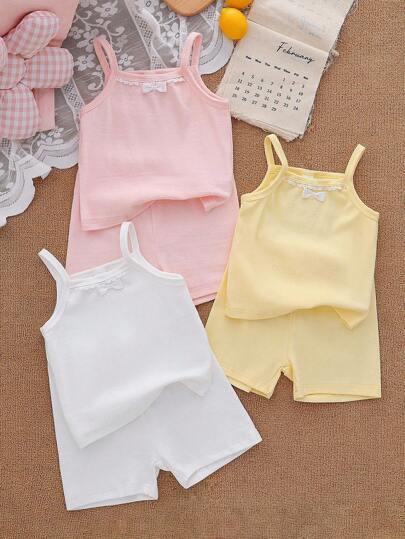 6 delar/set set med stickat linne och shorts för flickor, vår/sommar, set med spetsdetaljer, moderiktiga outfits i rosa, vitt och gult