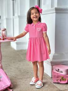 SHEIN 年轻女孩休闲舒适马球领心形图案连衣裙，适合上学、返校、运动和休闲 - 粉色 - 查看 5