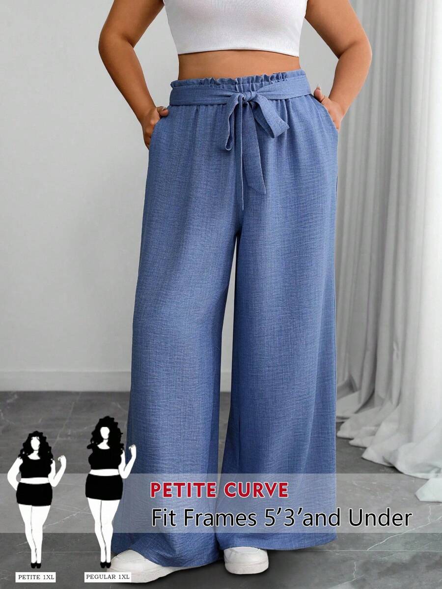 SHEIN PETITE 大码纯色休闲阔腿裤 - 藍色 - 查看 1