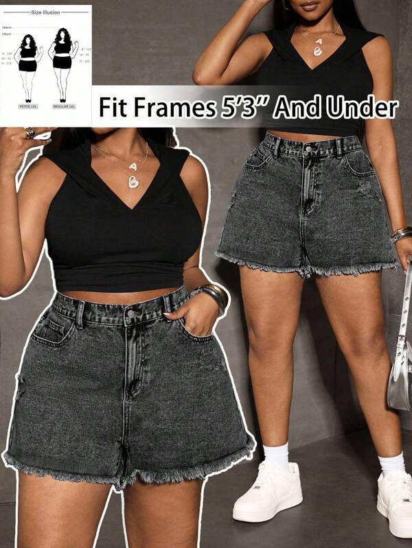 SHEIN PETITE CURVE Plus Size Women's Blue Ripped Denim Shorts