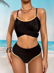 Shapewave 2pcs/Set Women's Neon Black, Pink, Blue, Purple Shark Tooth Print Push-Up Tummy Control Swimwear Bikini, Casual For Spring, Summer, Beach, Party - Multicolor - View 8