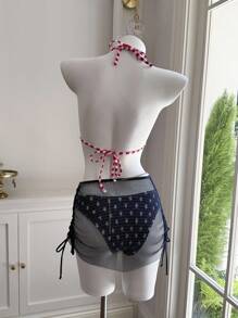 Comfortcana Conjunto de Maiô Bikini Halter com Nó Torcido e Estampa de Listras Contrastantes para Mulheres - Multicolorido - Visão 2