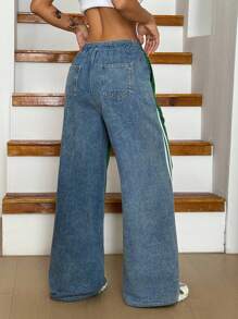 INAWLY INAWLY Women's Casual Everyday Two-Tone Drawstring Waist Oblique Pocket Jeans - Blue - View 2