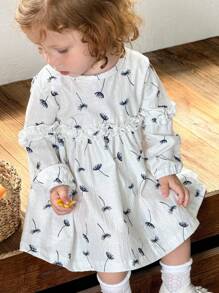 SHEIN Baby Girl Spring&Autumn Casual Printing Long Sleeves Dress - Beige - View 5