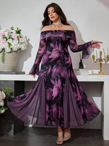 Modelyn 大码女式优雅网眼印花拼接露肩紧身连衣裙 - 紫色 - 查看 3