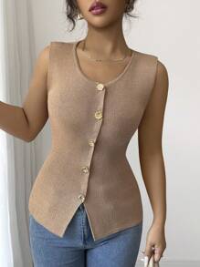 Elenzga Women's Sleeveless Thin Knit Cardigan, High-End Stylish Metal Button Sweater - Camel - View 6