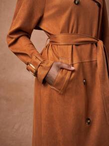 Zivah Abrigo Trench de Ante Naranja Quemado Otoñal con Solapa, Cinturón & Bolsillos, Elegante para Oficina, Desplazamiento y Streetwear, Estilo Universitario, Chaqueta Casual Diaria Marrón para Estudiantes - Marrón - Ver 7