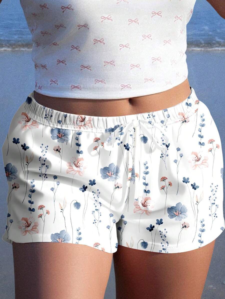 Veykashi 大码女式休闲花卉印花抽绳腰短裤，适合夏季
