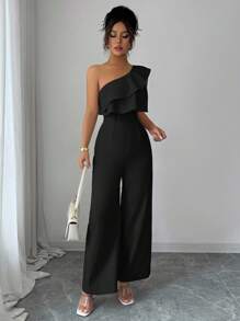 Elenzga Women's Spring/Summer Vacation Style Office Commute Beach Party Asymmetrical Neck Layered Flounce Waist Jumpsuit, Loose Straight-Leg - Black - View 6