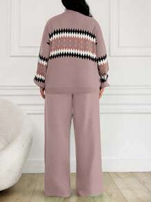 EURMUSE Women's Geometric Pattern High Neck Sweater 2pcs/Set - Dusty Pink - View 2