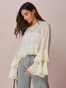 2026 Blusa de manga acampanada de unicolor elegante para la oficina y el ir y venir para mujeres - Albaricoque - Ver 4