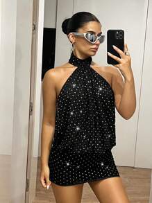 SHEIN ICON 女士返校派对复古露背吊带紧身连衣裙，性感 - 黑色 - 查看 3