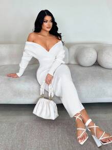 SHEIN SXY 女士性感优雅白色 V 领露肩长袖修身毛衣裙，适合日常穿着、办公室、约会、休闲、派对、感恩节、圣诞节白色中长裙白色长袖连衣裙白色紧身连衣裙罗纹中长裙秋冬 - 白色 - 查看 3