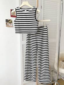 SHEIN 青少年女孩基本款纹理针织圆领无袖上衣和裤子两件套 - 黑與白 - 查看 3