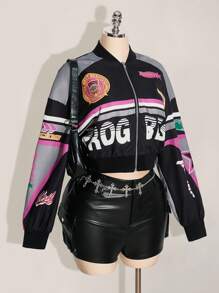 SHEIN ICON 大码女式字母印花落肩短款休闲棒球夹克，春秋季Y2K风格短款上衣外套，街头风女装，个性前卫，适合韩流演唱会、秋冬季等场合。