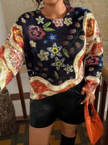SHEIN VCAY 2025 Autumn New Loose Fit Crew Neck Sweater, Slimming & Elegant Long Sleeve Top For Women - Multicolor - View 1