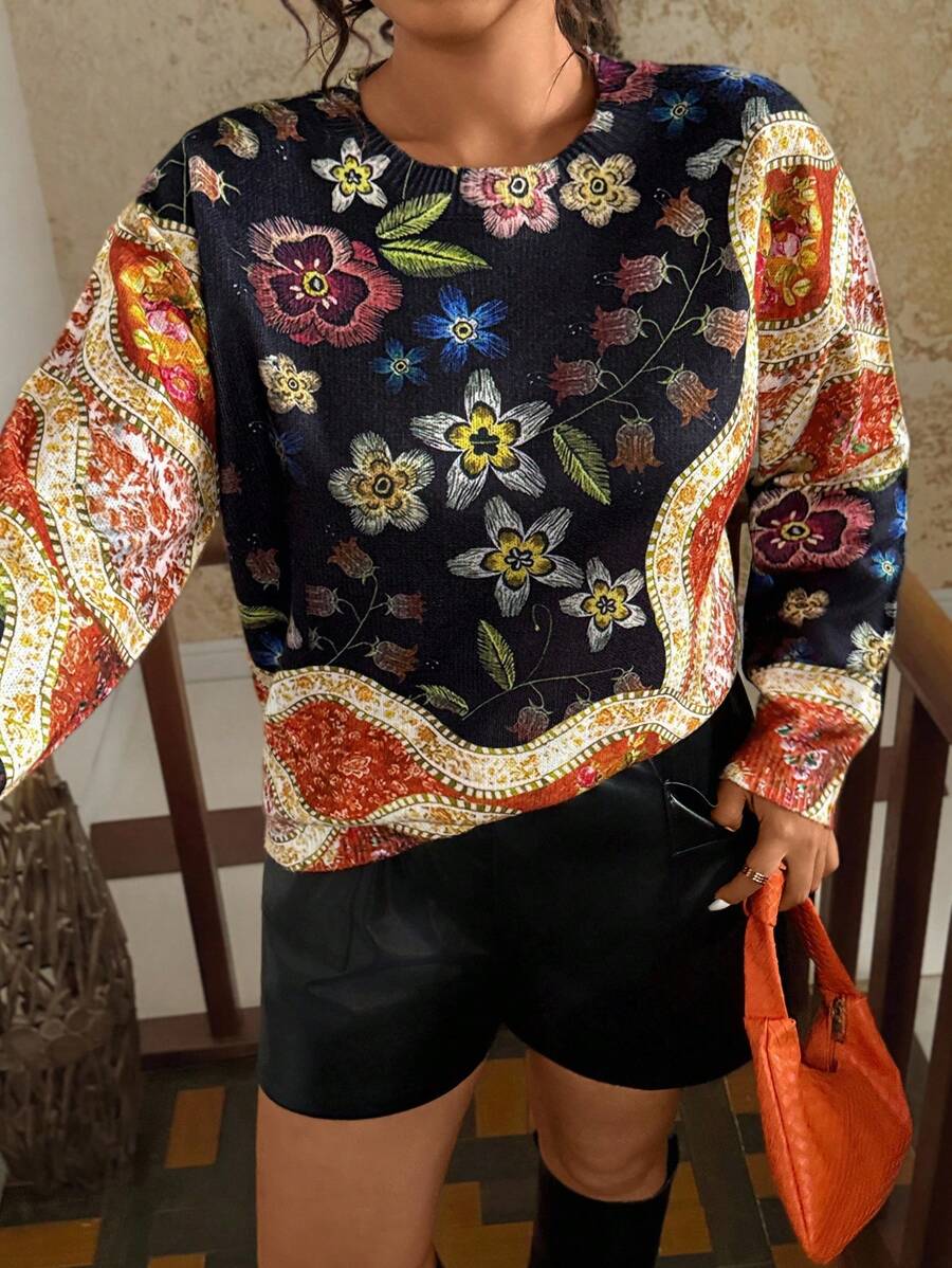 SHEIN VCAY 2025 Autumn New Loose Fit Crew Neck Sweater, Slimming & Elegant Long Sleeve Top For Women - Multicolor - View 1