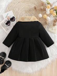 SHEIN Playful Pals Baby Girls Furry Collar Bowknot Trench Coat, Autumn/Winter Fall