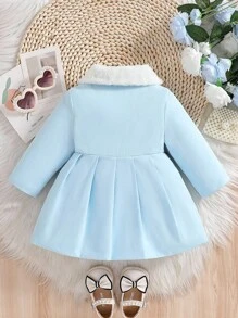 SHEIN 女婴仿毛领蝴蝶结风衣，秋冬 - 薄荷藍 - 查看 2