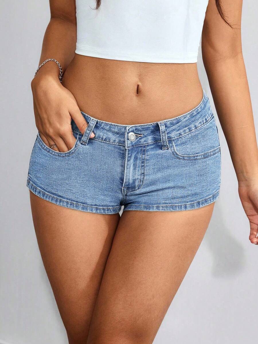 SHEIN ICON 女式低腰口袋紧身性感牛仔短裤