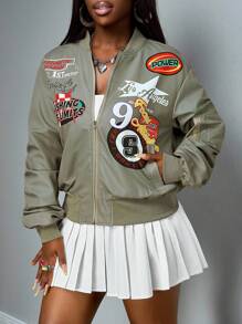 Slaydiva Chaqueta cortavientos de mujer con estampado de letras en verde militar, estilo deportivo universitario, versátil para el uso diario, casual, adecuado para festivales de música y graduación, nueva llegada del otoño/invierno 2025 - Verde militar - Ver 5