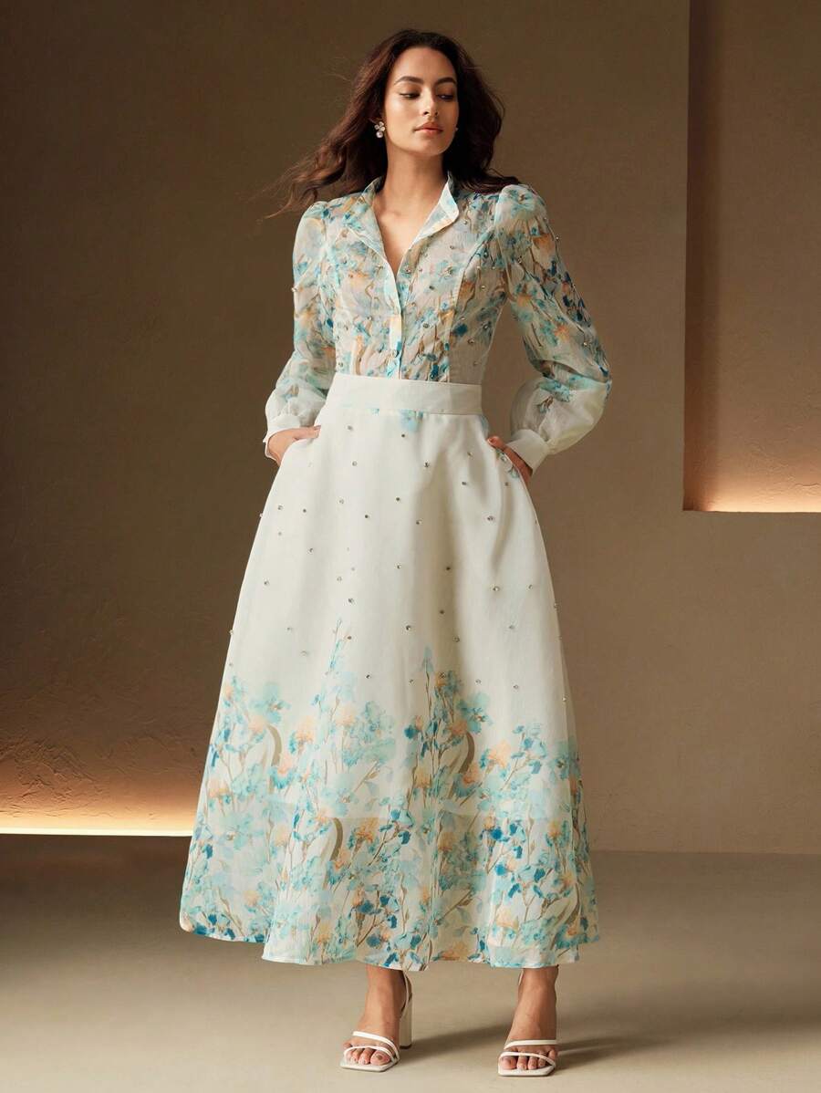 Anewsta Elaire Bộ 2 áo sơ mi và váy dài tay cổ tròn họa tiết hoa cho nữ, Xuân/Hè - Màu xanh lam - Xem 1