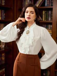 Vintamour 大码复古经典优雅女士衬衫，修身荷叶边领口和下摆长袖衬衫，白色纽扣衬衫，优雅灯笼袖衬衫，办公室衬衫，泡泡袖衬衫，白色优雅上衣，春季女装上衣 - 米色 - 查看 5