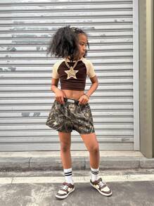 Coolane Tween Girl Fall Clothes,Tree Branch Pattern Streetwear Graphics Shorts,Back To School , Homecoming - Army Green - View 4