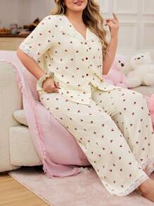 INS Cute Cherry Print Lace Patchwork Collar Short Sleeve Cardigan & Pants Plus Size Pajama Set - Multicolor - View 3