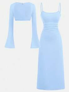SHEIN Girlism Bộ 2 chiếc áo len cardigan màu trơn và váy suông bó sát cho bé gái tuổi teen, thanh lịch và hợp thời trang cho hoạt động ngoài trời và tiệc tùng - Màu xanh nhạt - Xem 9