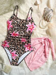 SHEIN Teen Girls Vacation Ditsy Floral Side Bow Decor Casual One-Piece Swimsuit With Cover-Up Skirt Set For Summer Young Girls Sets Women Bathing Suit Set Bathing Suits For Teens Sets Bathing Suits For Teens Top Bathing Suits For Teens One Piece