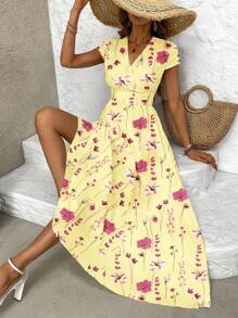 SHEIN Belle 女士花卉印花斜领腰部褶皱度假连衣裙，适合夏季长款女士服装 - 黃色 - 查看 7