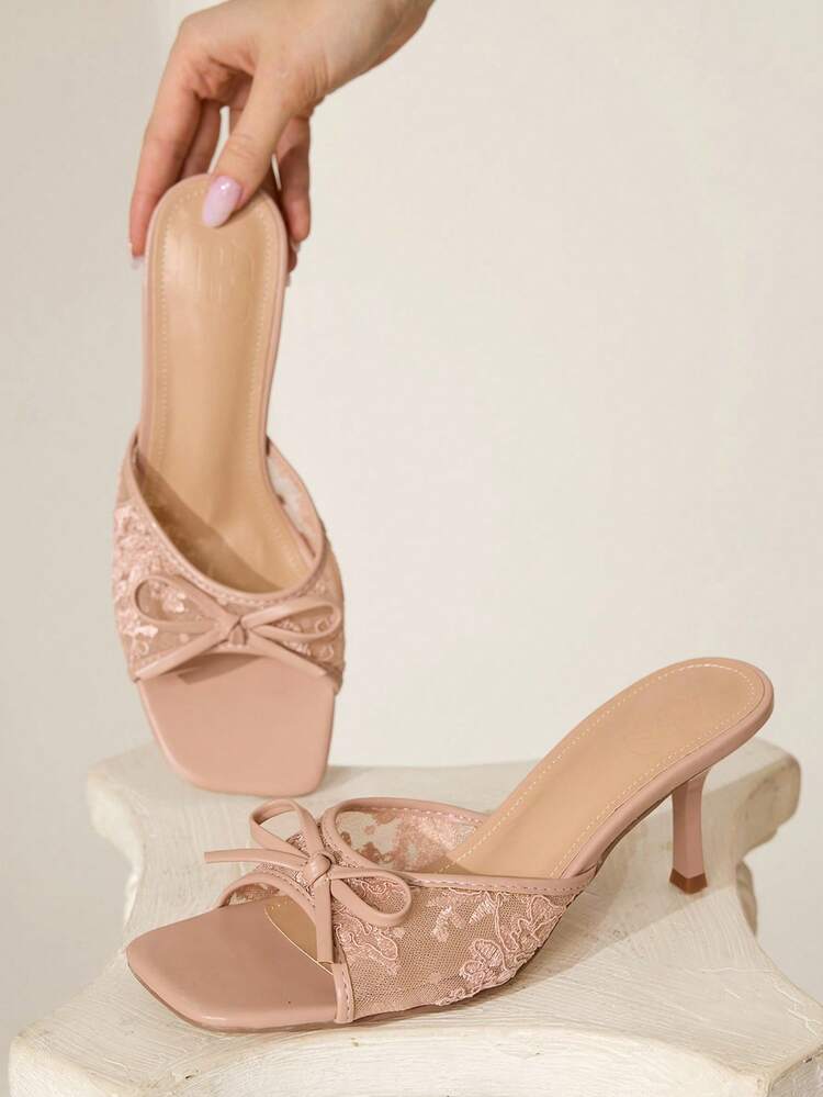 CUCCOO CHICEST Sandalias de tacón alto de punta afilada con bordado floral y lazo, elegantes, dulces y románticas, de malla rosa sexy y piel sintética para vestidos, para boda, fiesta, cita, vacaciones