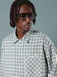 SUMWON Premium Long Sleeve Button Down Plaid Shirt Embroidered Logo Casual Fall Winter Everyday Wear - Green - View 3