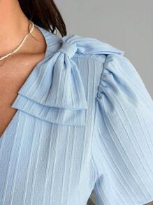 Elenzga Plus Size Textured Bow V-Neck Short Sleeve Dress - Blue - View 8