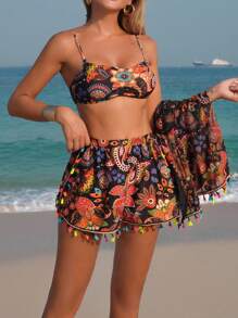 Swim Lushoire 2 件套女士沙滩罩衫，随机印花罩衫，彩色流苏短裤，夏季度假高端套装 - 彩色 - 查看 3