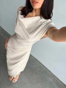 Aloruh Women's Spring/Summer Wrap Draped Neck Ruched Long Dress, Suitable For Commuting, Casual, And Outgoing - Apricot - View 7