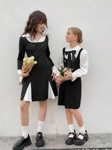 Teen Girl Elegant Colorblock Splice 2 In 1 Dress - Black and White - View 2