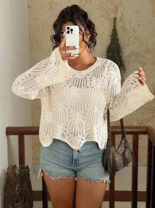 Travachic Plus Size Casual Loose Hollow Out Long Sleeve Crew Neck Women Sweater In Fall/Winter - Apricot - View 5