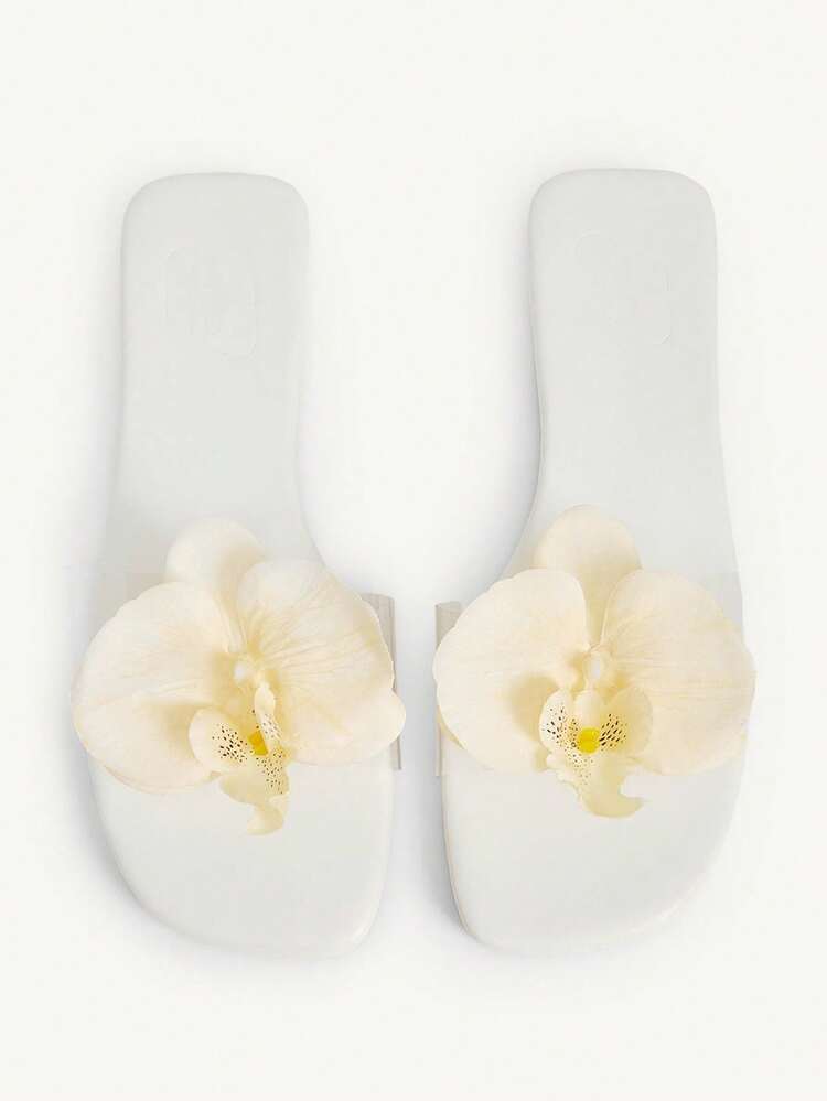 CUCCOO CHICEST Women's Iris Flower Square Toe Flat Sandals, Elegant, Sweet, Casual, Comfortable White, Yellow Transparent PVC Ladies Flat Sandals, Slippers, Beach Shoes For Afternoon Tea, Dates, Elegant Outfits, Vacation, Beach