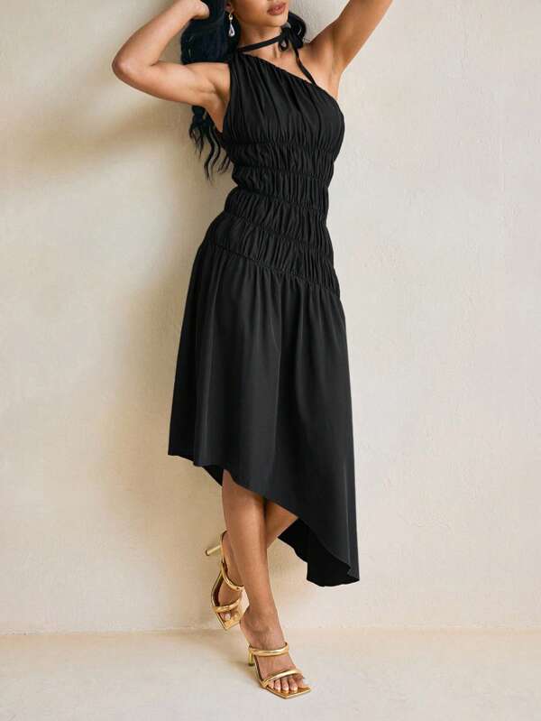 TSS Halter Neck Tie Pleated A-Line Asymmetric Midi Dress Spring Summer Vacation Dress Boho Dress, Party, Wedding, Graduation Dress, Birthday Outfits For Women, Modest Dress ,Halter Neck Dress