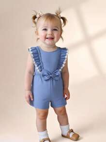 SHEIN Playful Pals 女宝宝牛仔蓝色时尚简约 3D 蝴蝶结连体衣 - 藍色 - 查看 3