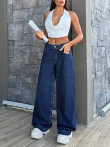 EURMUSE Damen Jeans mit tiefer Taille und weitem Bein, lässiger Streetwear Stil - Dunkle Waschung - Übersicht 5