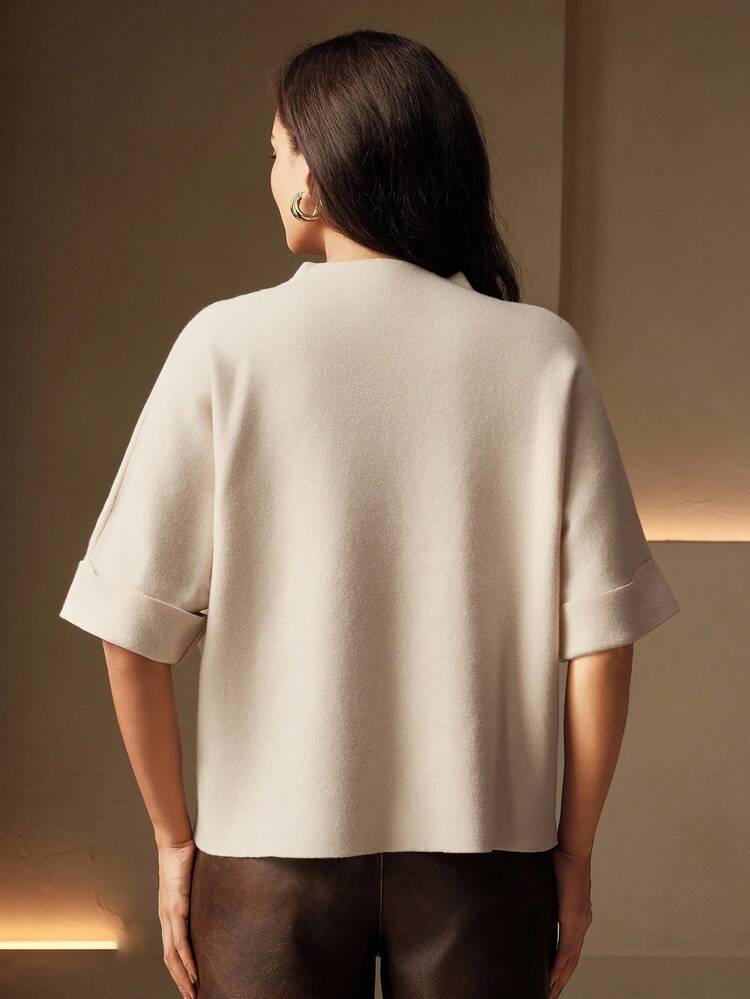 Beige Elegant Floral Embroidery Short Sleeve Comfortable Women Sweater