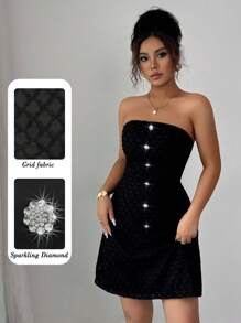 Elenzga Women Black Bandeau Ruched A-Line Plaid Elegant Romantic Midi Dress - Black - View 1