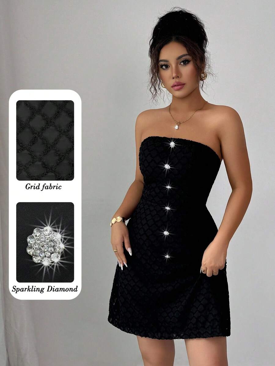 Elenzga Women Black Bandeau Ruched A-Line Plaid Elegant Romantic Midi Dress - Black - View 1