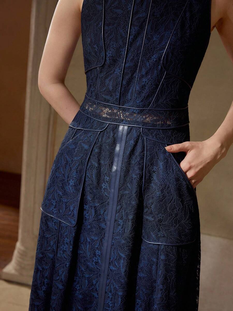PREMIUM CONTRAST LACE ZIPPER DRESS - Royal Blue - View 2