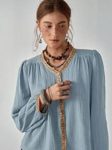 Florisole Boho V-Neck Button-Front Long Sleeve Tie Waist Shirt Casual Spring Fall For Women - Blue - View 5