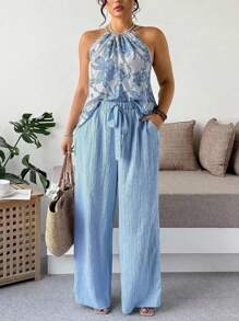 Breezaya Conjunto informal de 2 piezas para mujer de talla grande: blusa sin mangas con estampado en el cuello y pantalones largos de unicolor