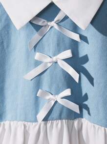 Girls White Shirt-Style Dress | Contrast Blue Knit Fabric | Bowknot Decor | Spring/Autumn Back To School, Fashion & Romance - White - View 6